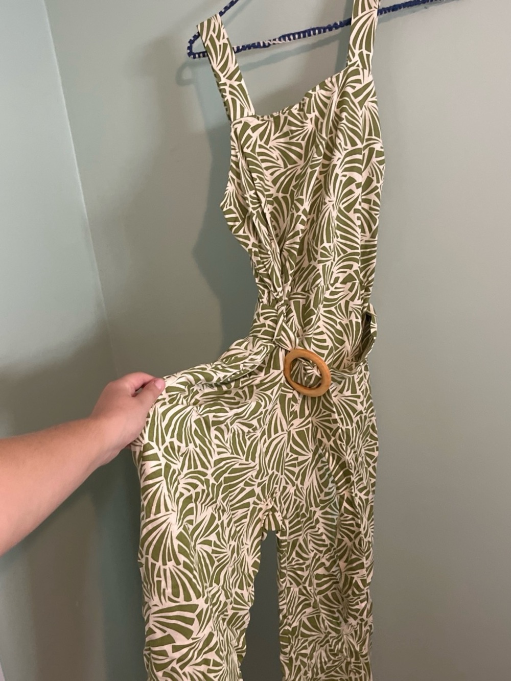 Monteau Green and White Leaf-Print Belted Jumpsuit